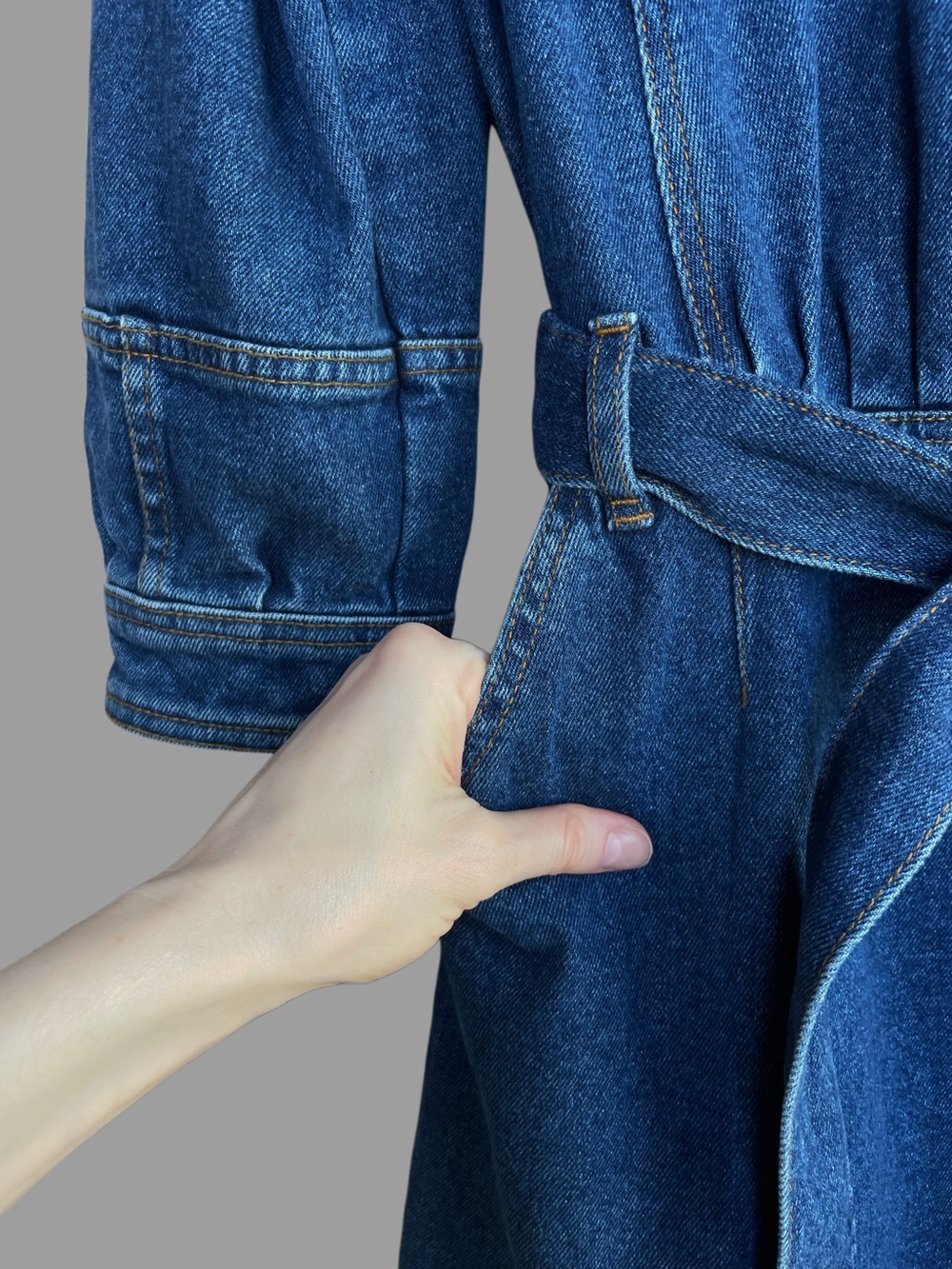 SEZANE Blue Denim Tie Waist Belted Puff Sleeve Button Back Haneia Mini Dress - Picture 11 of 15